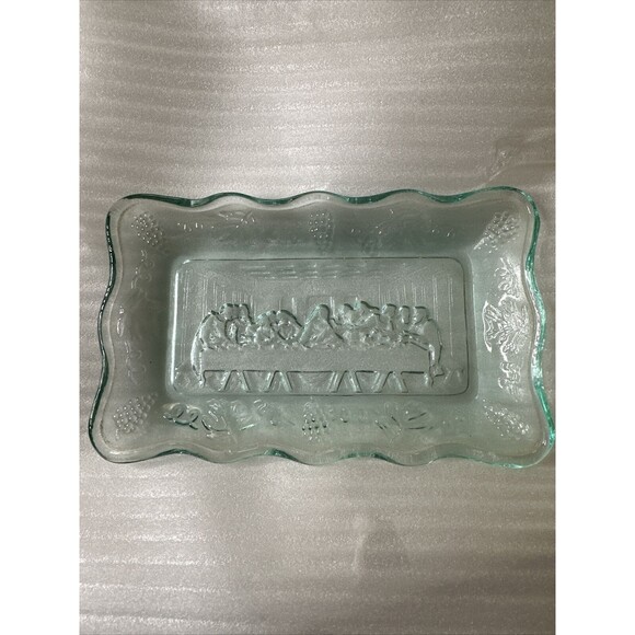 Vintage Indiana Tiara Aqua Blue Glass The Last Supper Soap Dish Tray - Picture 1 of 7